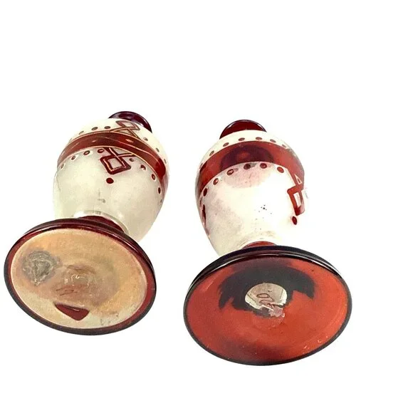 Antique Bohemian Ruby Glass Vases Pair Handblown Red Floral Design 7 Tall